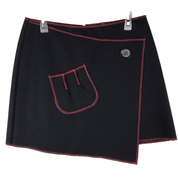 VTG Beebop & Wally Wool Mini Skirt Black Asymmetrical Faux Wrap Red Contrast Med - Picture 1 of 8